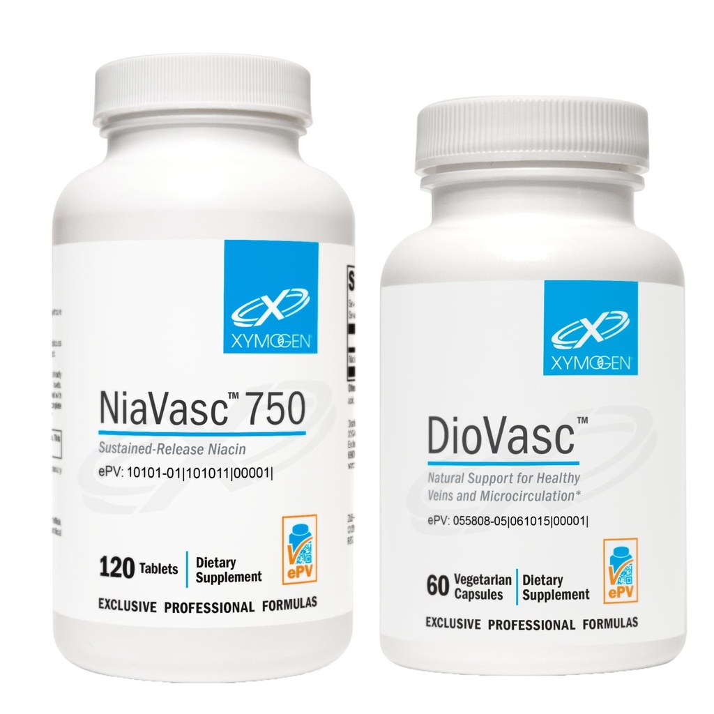 XYMOGEN NiaVasc 750 EKSEMPEL frigjøring Niacin (120 tabletter) + DioVasc støtte for sunne vener + miocirkulasjon (60 kapsler)