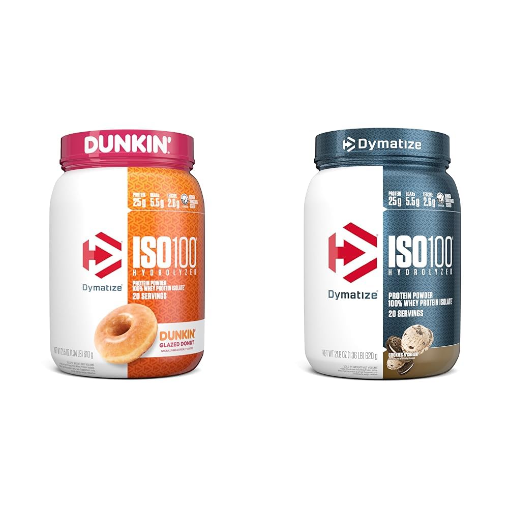 Dymatize ISO100 Hydrolysert Proteinpulver, 100% Whey-isolat, Dunkin' Glazed Donut Flavor, 20 Serveringer & ISO100 Hydrolysert Proteinpulver, 100% Whey-isolateprotein, 25 g protein, 5,5 g BCAA