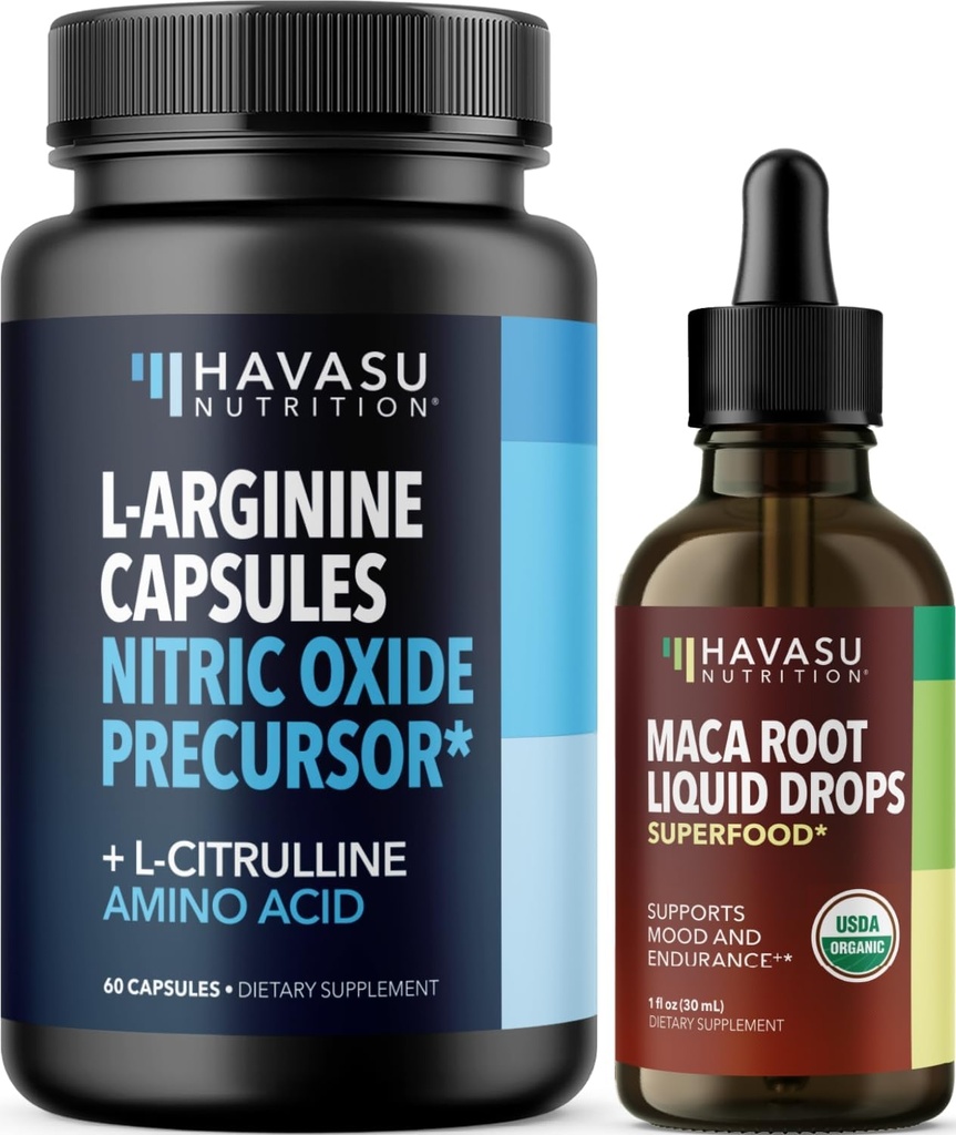 HAVASU NUTRITION Organic Maca Root flytende dråper (60 Serveringer) & L Arginine L Citrulline Supplement (30 Serveringer)
