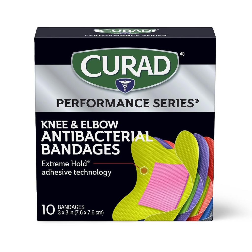 CURAD Performance Series IRONMAN Antibakterielle Bandages, Extreme Hold Adhesive teknologi, Knee & Elbow 3 inches x 3 inches, 10 greve, Ideell for Cuts, Scrapes, Sport, og Aktive livsstiler