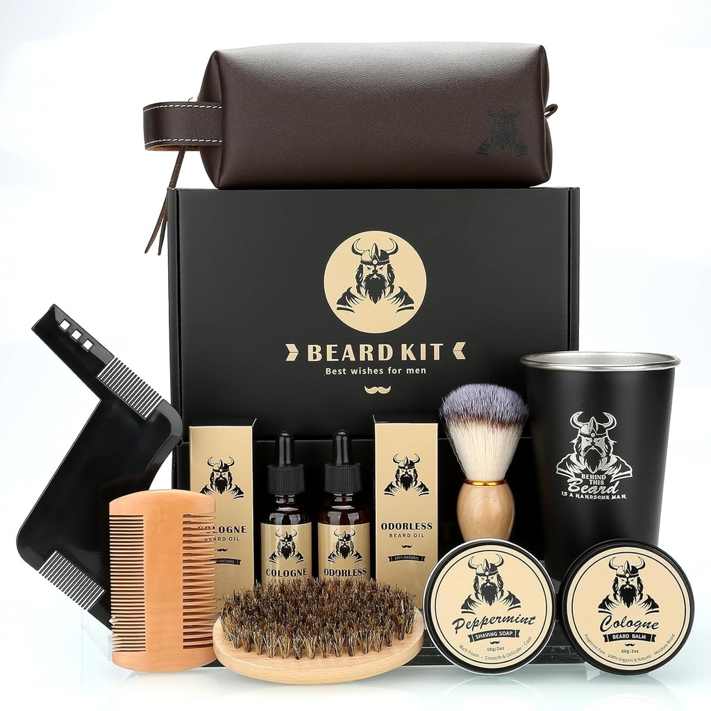 Beard Kit gaver til menn, Fars dag bursdag gaver til menn pappa ham, Grooming & Trimming Tool Complete sett, Beard Care Kit med 2 Beard Growth Oil/Balm/Brush/Comb/Shaving Soap/Cup&Storage Bag