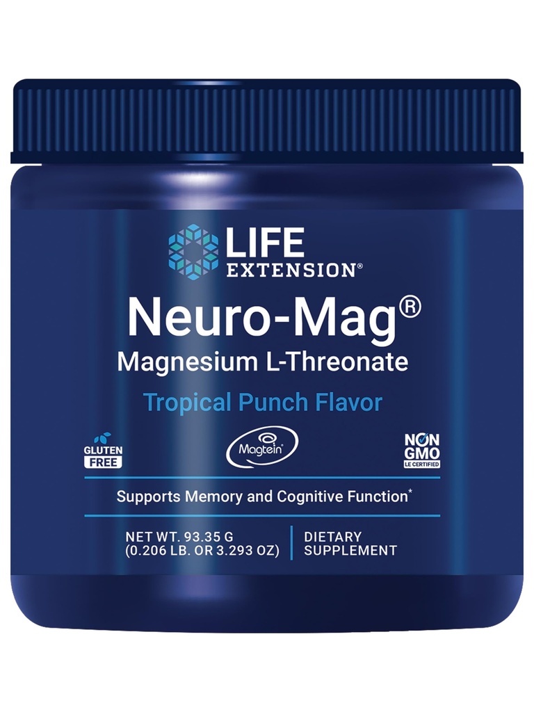 Livsforlengelse Neuro-Mag Magnesium L-Treonate Powder (Tropisk Punch) - Ultra-absorberbar Magnesium - støtter minne, fokus, kognitiv funksjon og humør - Glutenfri, ikke-GMO, vegetarisk (30 serveringer)