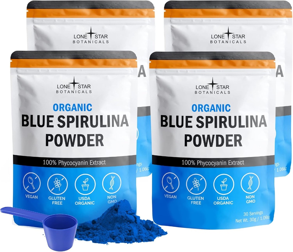 Organisk blå spirulina pulver, 120 serveringer - 100% ren supermat Blå-grønn algae, naturlig matfarge for smoothies og proteindrikker - ikke GMO, Glutenfri, Vegansk + USDA-sertifisert, Ingen fiskig lukt