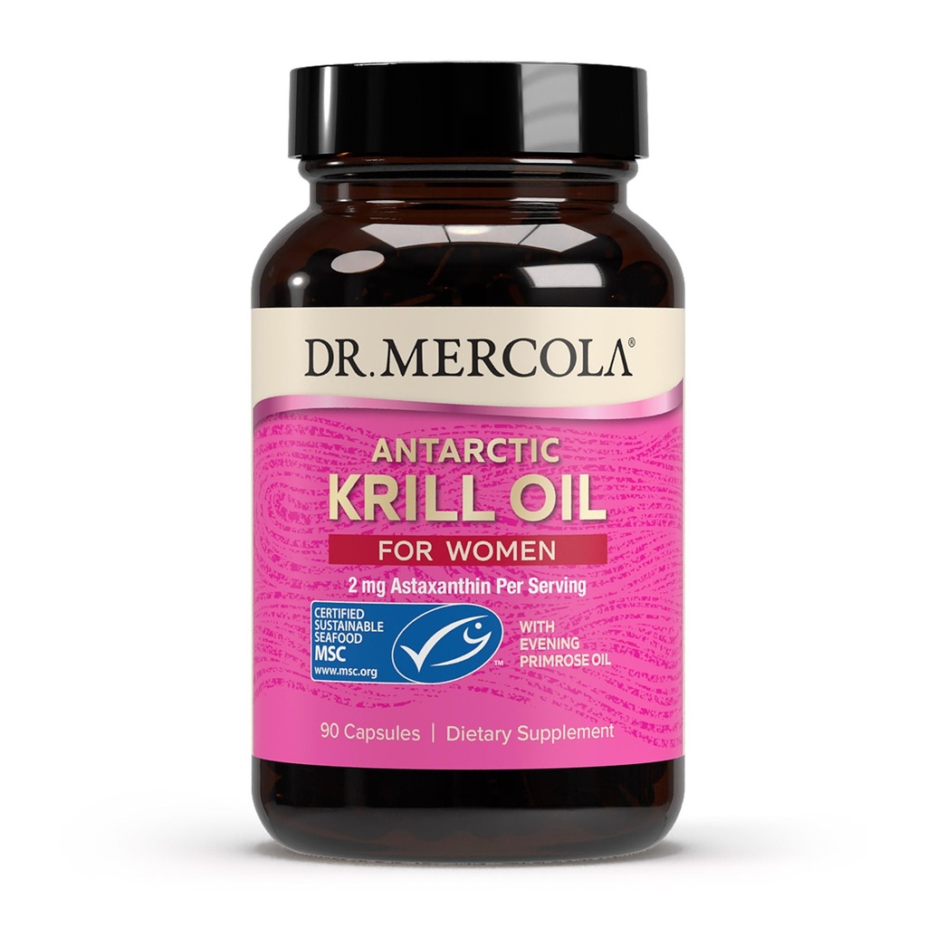 Dr. Mercola Krill Olje for kvinner - 2 mg Astaxanthin - MSC-sertifisert bærekraftig - støtter hjernen, huden og immunsystemet - med Omega-3s - ikke-GMO, Glutenfri og soya-fri - 90 kapsler (30 Services)