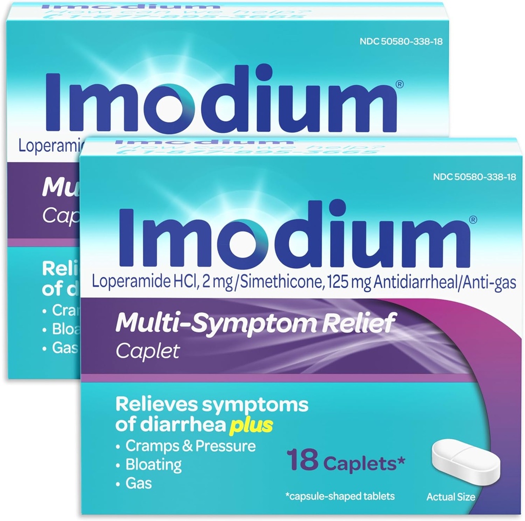 Imodium Multi-Symptom Relief Caplets med Loperamid Hydrochloride og Simetikon, Anti-Diarreal medisin for behandling av diarrea, Gas, Bleating, Cramps & Pressure, 2 Pack