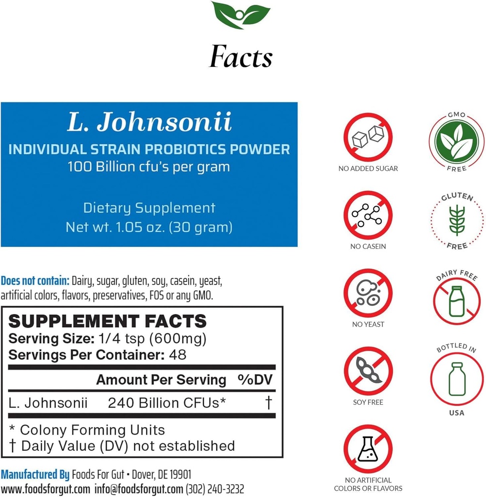 Mat for Gut Lactobacillus Johnsonii Probiotic pulver 100 milliarder cfu's | Ingen additiver | Direkte fra produsenten | Ingen tredjeparts lagring | Immunstøtte | L. Johnsonii | 30 gram (1,05 Oz)
