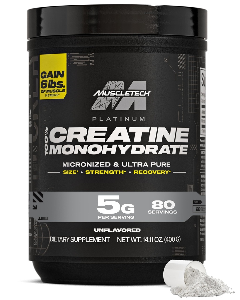 MuscleTech Kreatin Monohydrat pulver, Platinum Pure - Unflavored Micronized Creatine for menn og kvinner - Trening Kosttilskudd for ytelse, Muscle Recovery & Builder-(80 Services) Emballasje May Vary