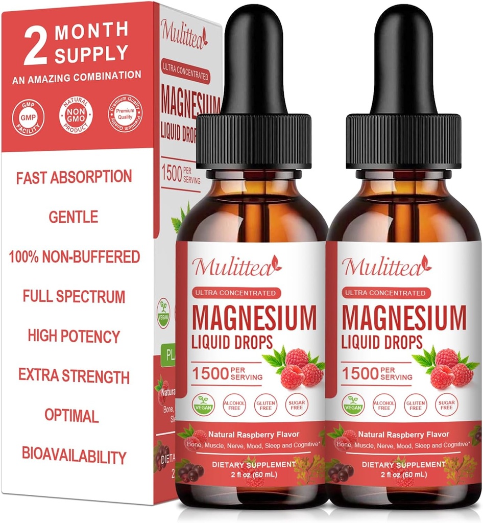(2 Pack) Magnesium Glykinat flytende dråper w/ 1500 mg Magnesium Glykinat, Taurat, Malat, Citrat, Kalsium Plus Kalium for Nerve, Bein, hjerte helse og energi Zzz - høy absorpsjon-Raspberry Flavor