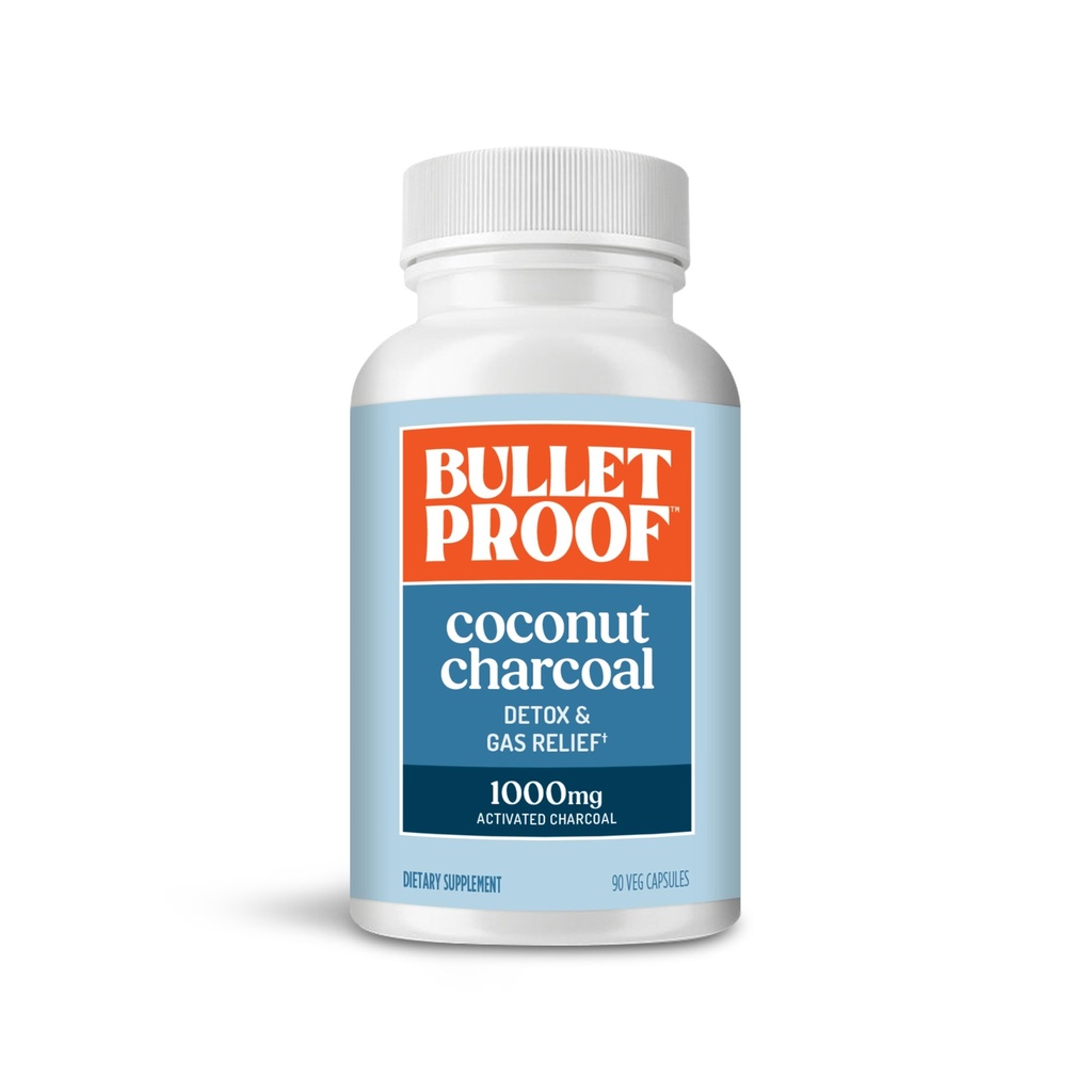 Bullettett kokos Charcoal Detox og gass relief kapsler, 90 greve, laget av 100% kokosnøtt skall, Aktivert Charcoal for Bloating Support, Emballasje May Vary