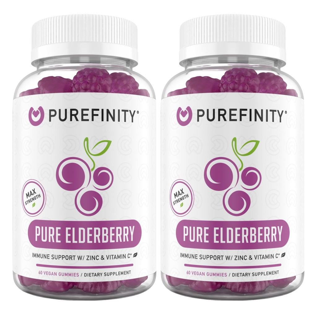 PUREFINITY Eldrebær Gummies med Sambucus, Vitamin C og sink - Ditt perfekte daglige 3-i-1 Supplement for barn og voksne - Glutenfri, ikke-GMO, Vegan, 60 Count (Pack of 2)