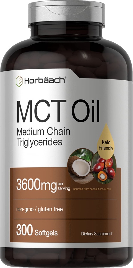Horbäach MCT Oljepiller | 3600 mg | 300 Softgel Kapsler | Keto Supplement fra kokos | med Caprylic & Capric Acid | Ikke-GMO, og Glutenfri