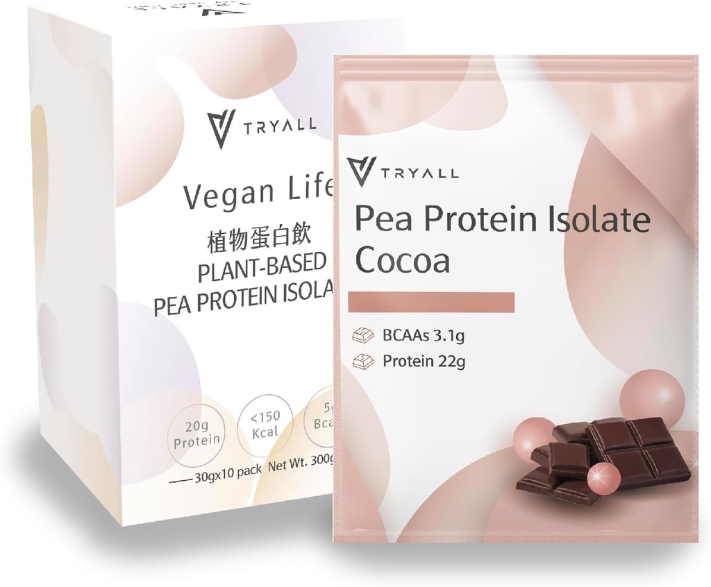 TRYALL Plante Basert Pea Protein Powder Isolate (22g protein) Reisesekk (Cocoa Melk, 10 pakker)