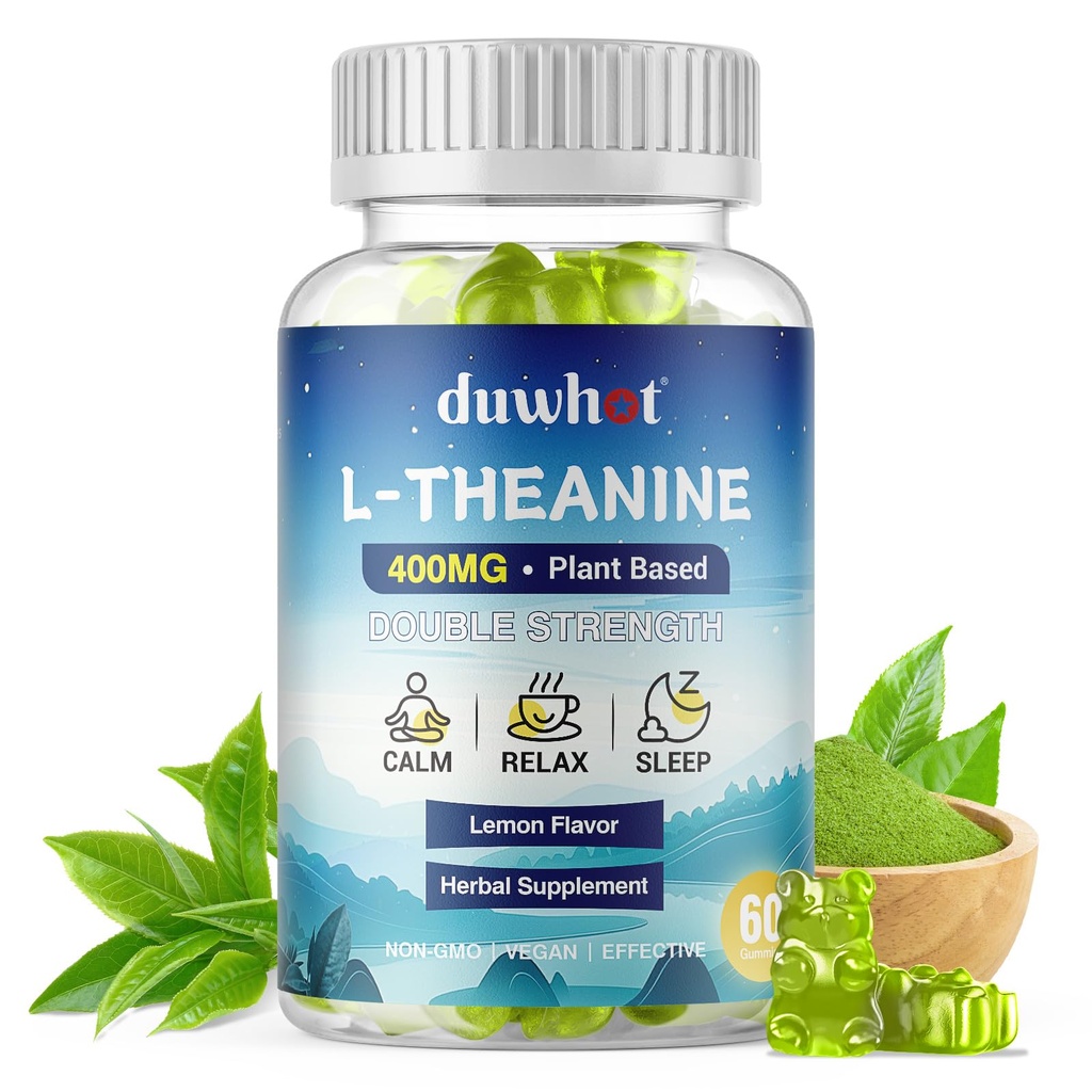 L-Theanine Gummies 400mg, Chewable Teanine Supplement for voksne og barn 4+, Naturlig Stress Relief, zzZ & Focus Supplement, Vegansk, Lavt sukker, Ikke-Drowsy, Lemon Flavor, 60 Chewables
