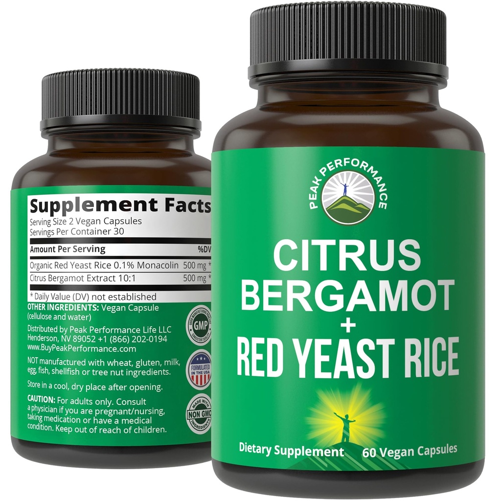 Citrus Bergamot + Rød Yeast Rice. 2-i-1 Supplement. Høy styrke 10:1 Bergamot ekstrakt. Ingen gluten, null sukker, veganske kapsler