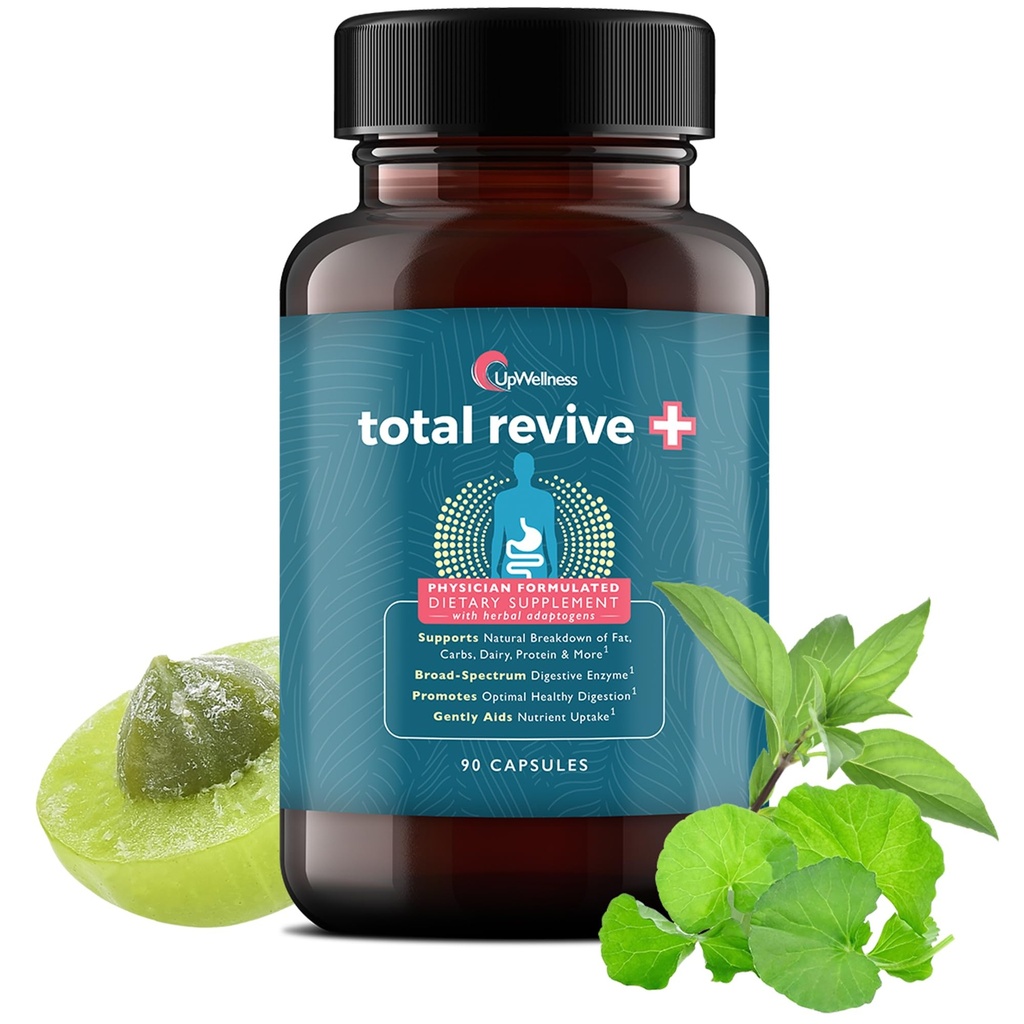UpWellness Total Revive+ Digestive Enzymer - Bread-Spectrum Enzymes for Digestive Helse - Støtter Gut helse og næringsstoffer Absorpsjon - legeformulert - 90 kapsler