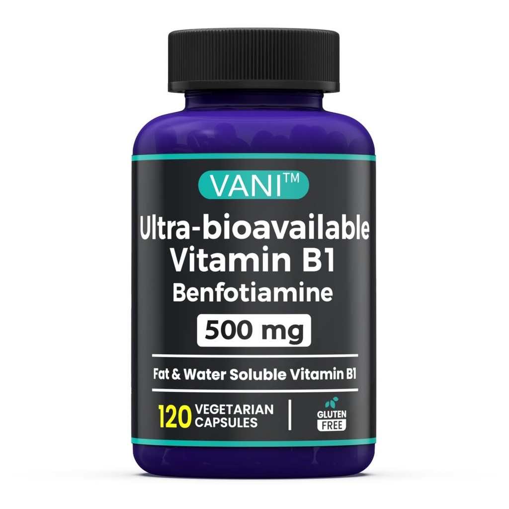 VANI 500MG Benfotiamin med B1, 5X tid fett og vann løselig Thiamin B1 Supplement - tredjepart testet, ingen gluten (120 kapsler)