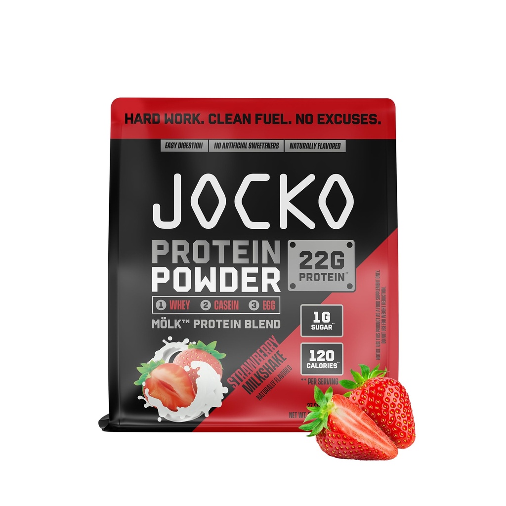 Jocko Drivstoff Mölk Whey Protein pulver 22g Lav Sukker Monk Fruktblanding - Muskelgjenvinning og vekst, emballasje May Vary (27 Serveringer, Jordbær Melkeshake)