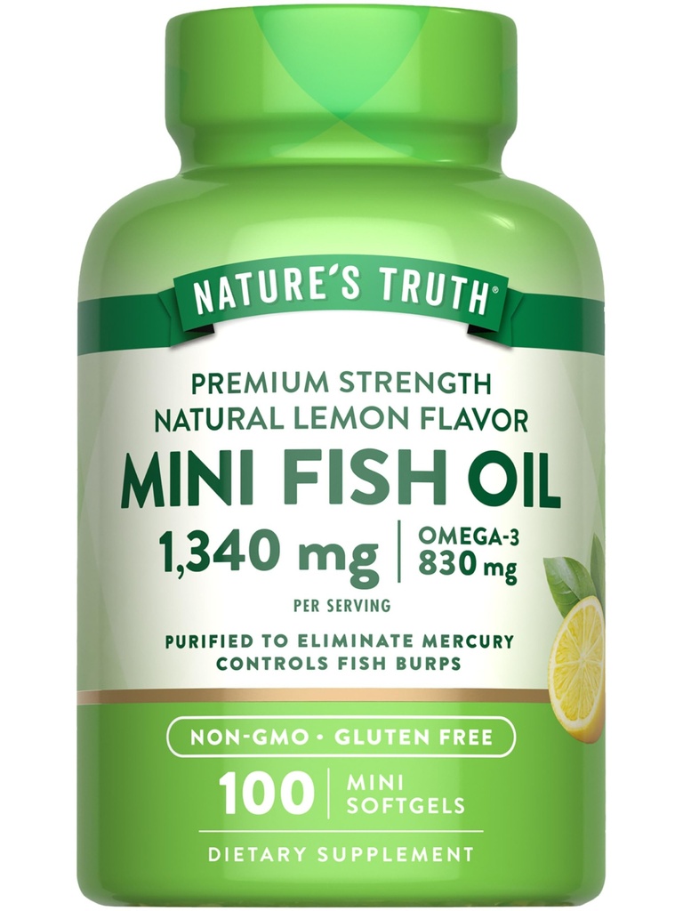 Naturens sannhet Mini Fish Oil Omega 3 | 1340 mg | 100 Softgels | Burpless Lemon Flavor | Ikke-GMO & Glutenfri Supplement