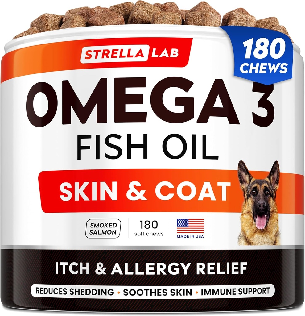 StrellaLab Omega 3 for hunder - (180Ct) Fiskeoljebehandlinger - Allergi og kløe Relief Skin & Coat Supplement - Tørr kløende hud, antishedding og varme flekker behandling - Pet Salmon Olje Chews - Røykt Salmon Flavor