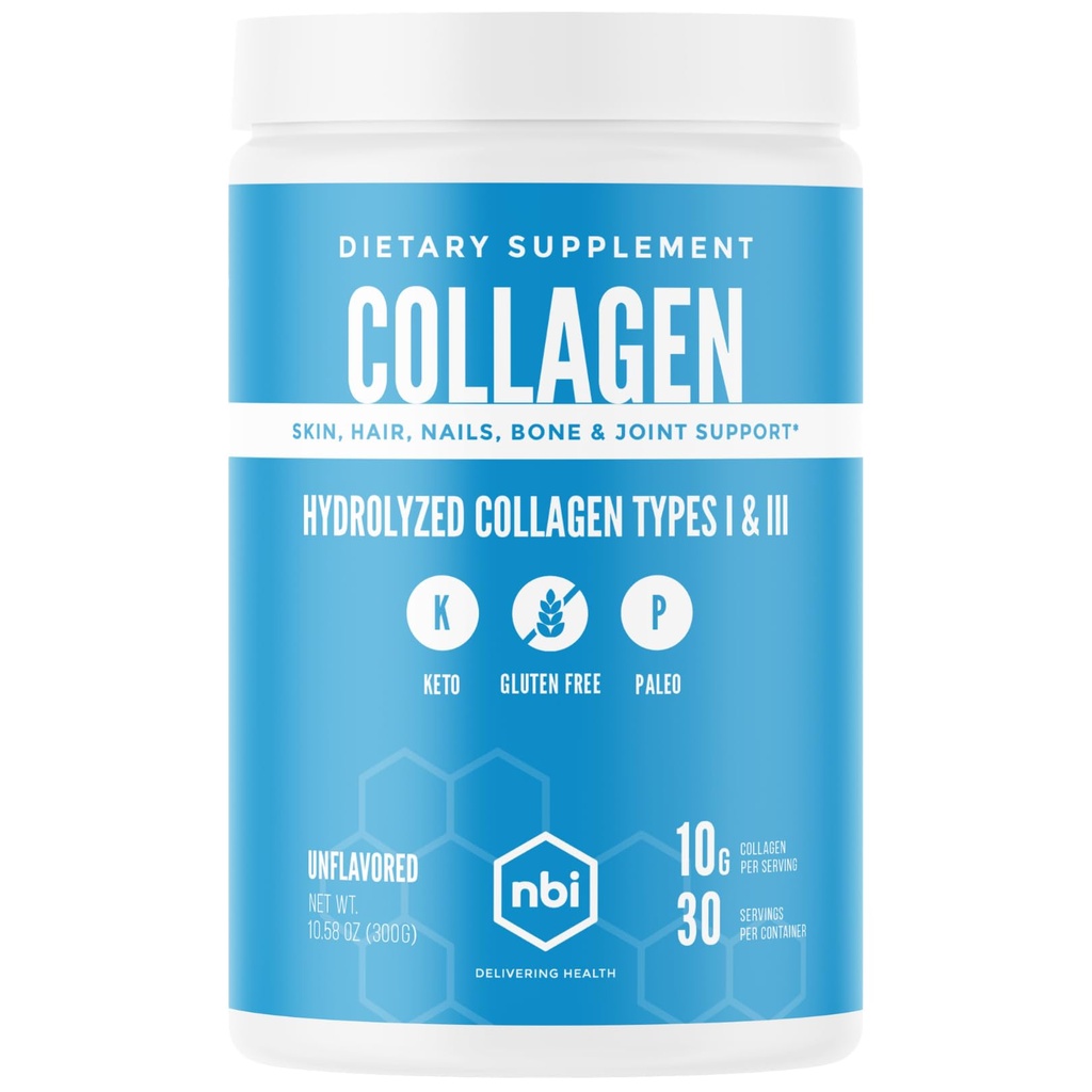 NBI Unflavored, Collagen Peptides pulver, Paleo- og keto vennlig, Type I og III Hydrolysert kollagen, Aminosyrer Supplement, Meierifri, Soya Gratis, Glutenfri
