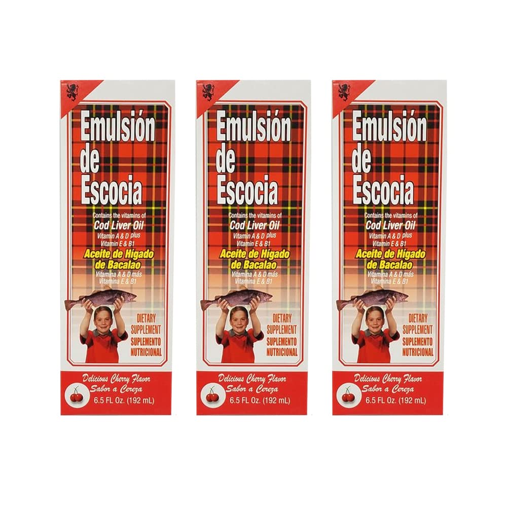Emulsjon de Escocia Cod Liver Oil Kosttilskudd. Rik på vitaminer A, D, E og B1. Cherry Flavored. 6,5 Fl Oz / 192 ml. Pakke med 3