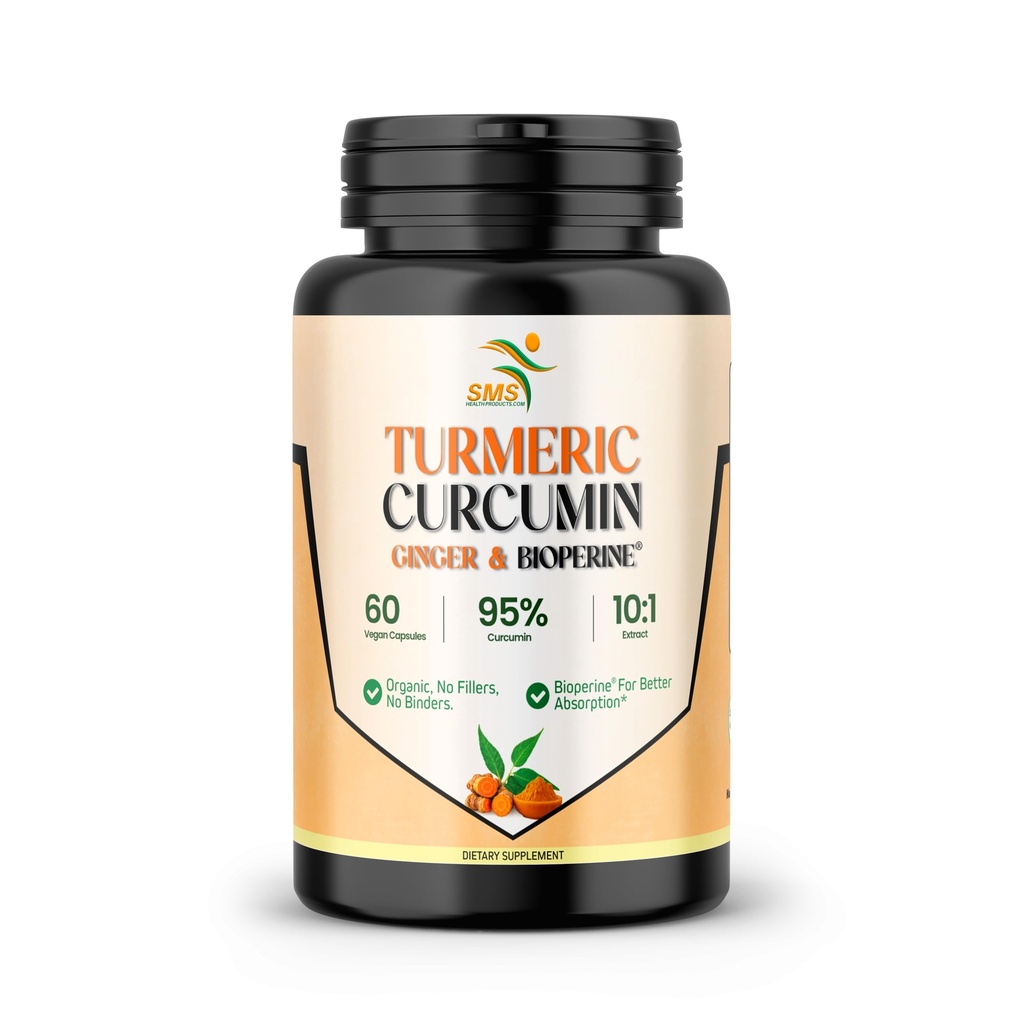 Turmerisk curcumin med Ginger, BioPerine Black Pepper, 95% Curcuminoids, Naturlig felles og sunn inflammatorisk støtte, Antioksidant tumeric Supplement, 60 Veggie Capsules, laget i USA, av SMS