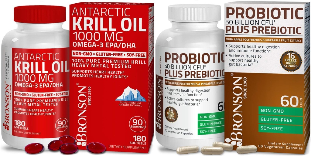 Bronson Probiotic 50 milliarder CFU + Prebiotic med Apple Polyphenoler & Pineapple Frukt Extrac Antarktis krill olje 1000 mg med Omega-3s EPA DHA