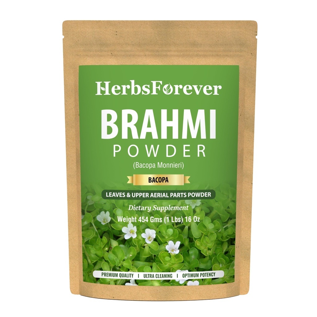 HerbsForever Brahmi pulver I 100% ren Bacopa Monnieri I Naturlig Herbal Supplement - Ikke-GMO, Vegansk, Glutenfri Jeg støtter velvære – Premium kvalitet 454 GMS