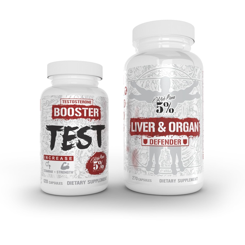 5% Ernæring 2-stack Liver & Organ Defender med NAC + Test Booster Lever, Nyre, & hjerte støtte + Testosteron, Muskelbygger, Mann Vitality, Energi & Stamina