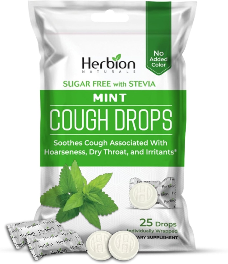 HERBION Naturals Cough Drops, sukker-fri med Stevia, kosttilskudd, Soothes Cough, for voksne og barn over 6 år, 125 dråper (pakke på 5), Mint