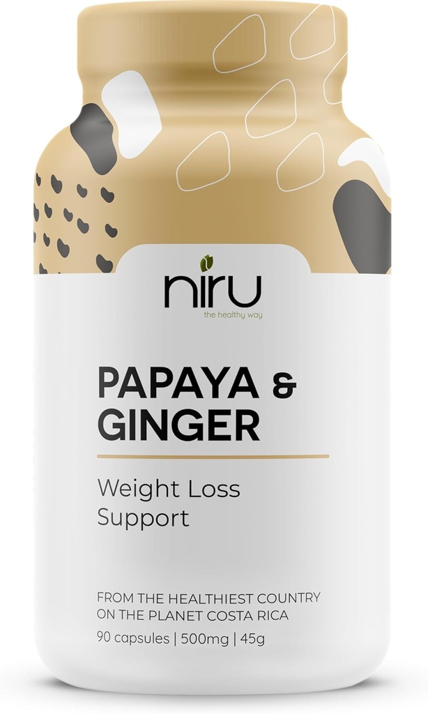 Papaya Ginger de Costa Rica - Niru Life. Blå Zone Papaya Ginger Capsules. Single Origin Papaya Seeds og Ginger Root Blend. Digestiv støtte, Detox, & Metabolisme Boost. 90ct. 500mg Caps.