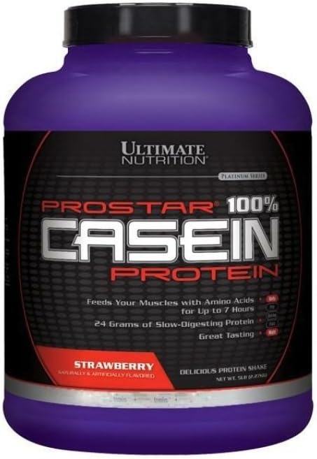 Ultimate Nutrition Prostar Micellar og Hydrolysert Casein Protein pulver - Fett Gratis Overnatting Muskelvekst og utvinning med BCAA, 5 pund, Jordbær