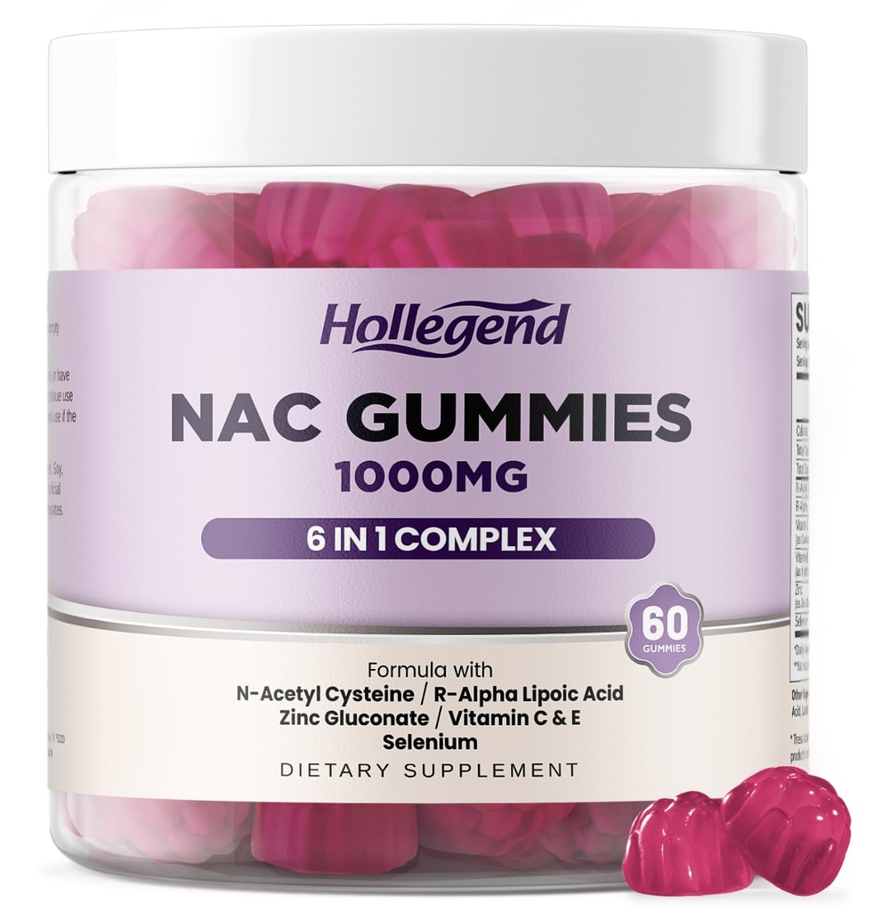 6 i 1 NAC Gummies, Chewable N Acetyl Cysteine 1000mg Supplement for barn og voksne, med ALA, sink, vitamin C & E, selen, støtte antioksidant og immunsystem, blåbærflavor, sukkerfri, 60 Ct