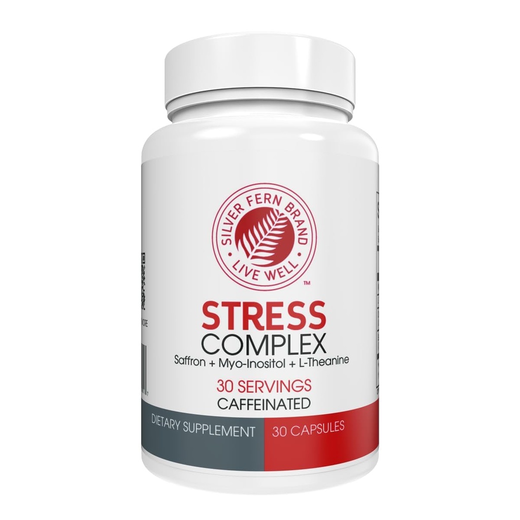 Silver Fern Stress Complex Supplement - med koffein - søvn, bekymring, humør og mer - med Saffron Supplements, L-Theanine Supplement, og Myo-inositol - Naturlige Stress Relief Supplement - 30 Services
