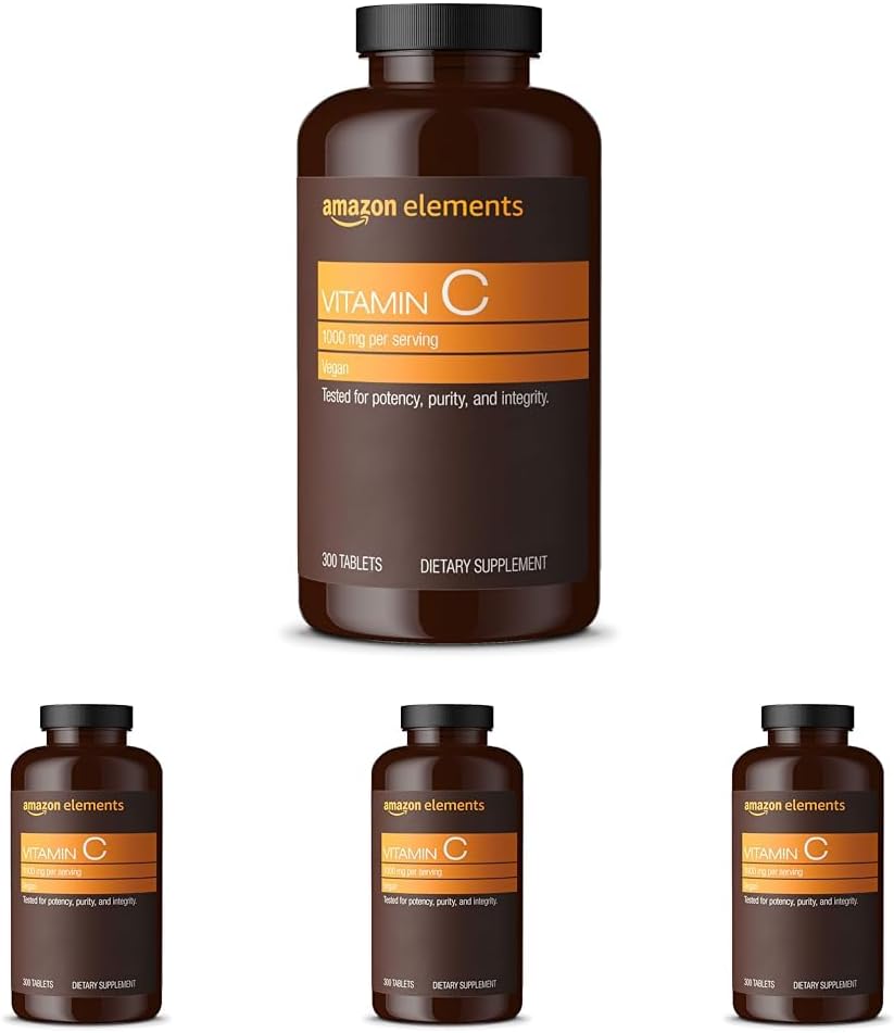 Elementer Vitamin C 1000mg, støtter sunn immunforsvar, Vegan, 300 tabletter, 10 måneders forsyning (pakke med 4)