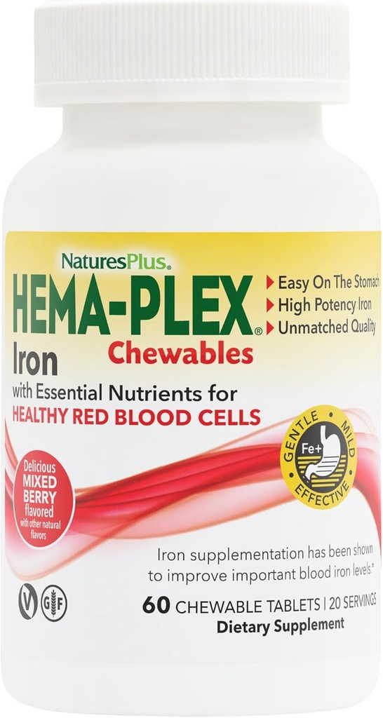 Natures Plus Hema-Plex Iron - 60 Blandede Berry Chewables - 85 mg Elementalt jern - Total blodhelse - med vitamin C & Bioflavonoids - Ikke-GMO, Vegan & Glutenfri - 20 Services