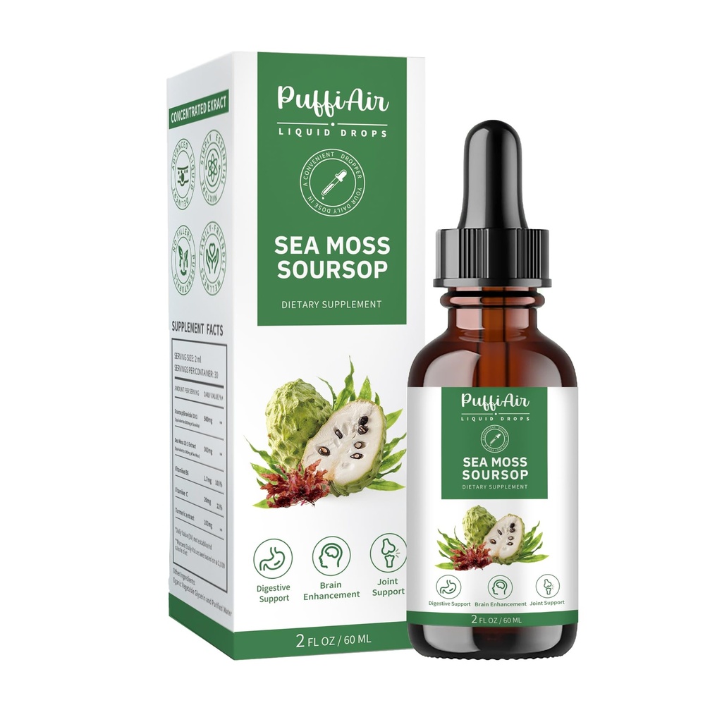 PUFFIAIR Soursop(Graviola) & Sea Moss Flytende Drop for cellestøtte og regenerasjon, Immun Boost, Relax, Liver og søvn, Herbal Ekstrakt, Sukker / Glutenfri, Naturlig Flavor, 2 Fl Oz / 60ml