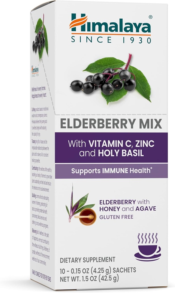 Himalaya Elderberry Mix, Drink Mix Supplement, Immun støtte med eldrebær, sink, vitamin C og hellig basilje, koffeinfri, 10-0.15 oz (4,3 g) Pakker, lett å blande, Glutenfri