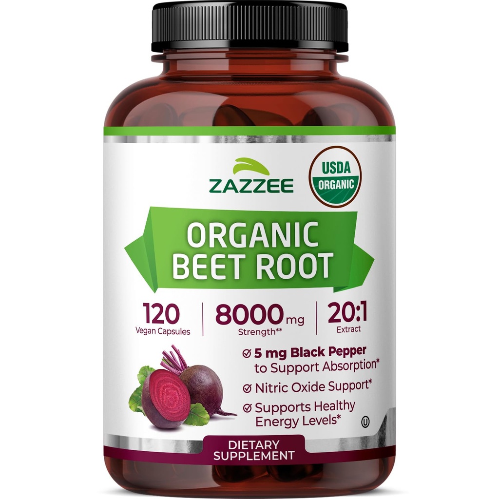 Zazzee USDA Organic Beet Root 8000 mg Styrke 20:1 Ekstrakt, 120 Vegan Quick Release Capsules, Black Pepper Extract for forbedret absorpsjon, støtter nitrogenoksid produksjon, ikke-GMO, laget i USA