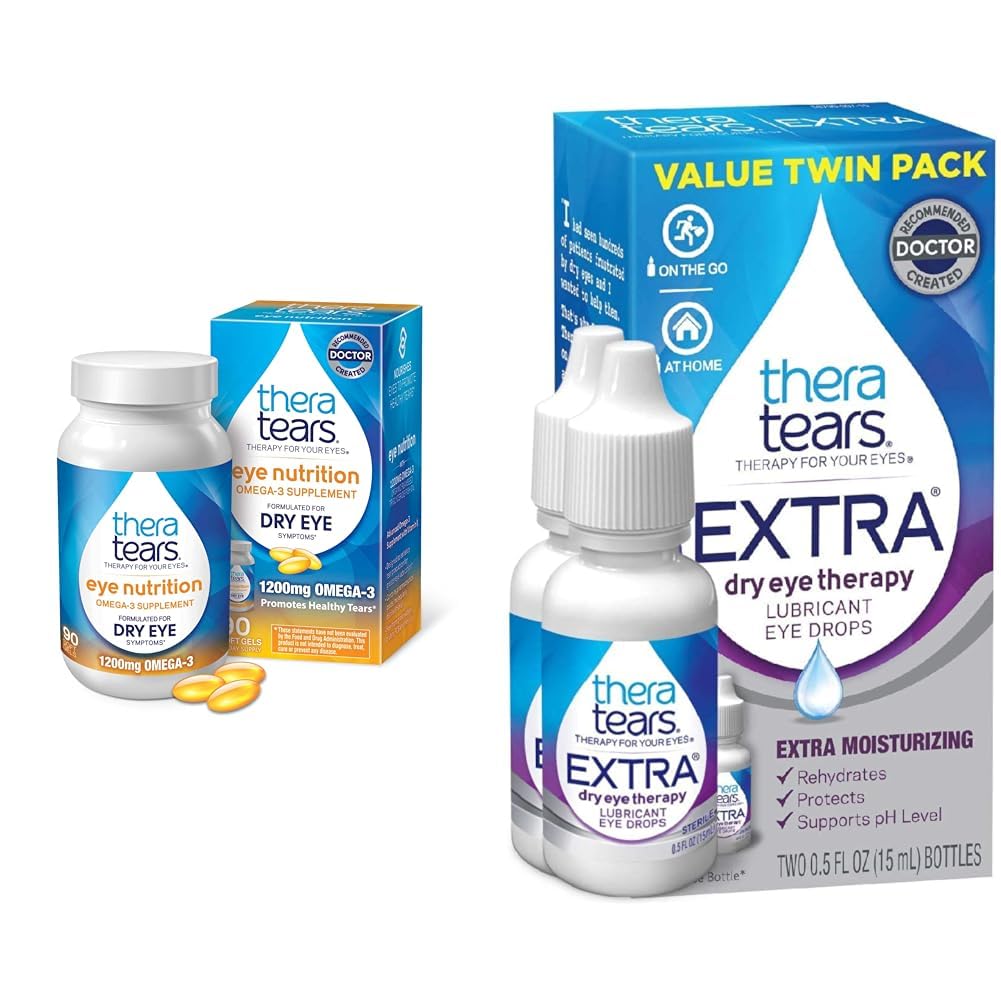TheraTears Omega 3 Supplement, 1200 mg, 90 ct (pakke med 1) & ekstra tørr øyeterapi Lubrerende øyedråper for tørre øyne, 0,5 oz flaske, 2 greve