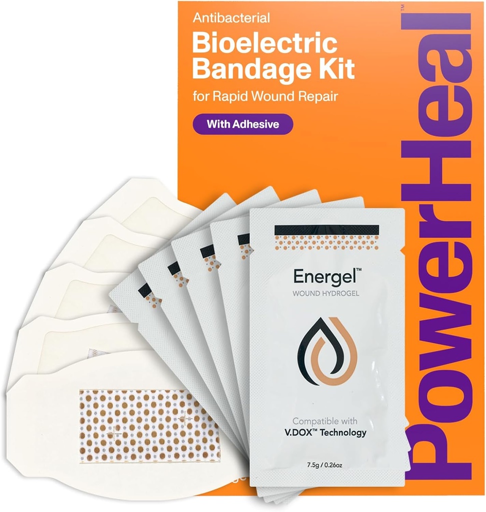 PowerHeal Bioelectric Bandage Kit for sårpleie og hurtig healing – 3-lags m/Bioelectric Pad, Absorbent Pad, adhesiv + sår Hydrogel – for Cuts, Abrisions, Blister, Burns – 5-Pack, 2.3" x 3,5"