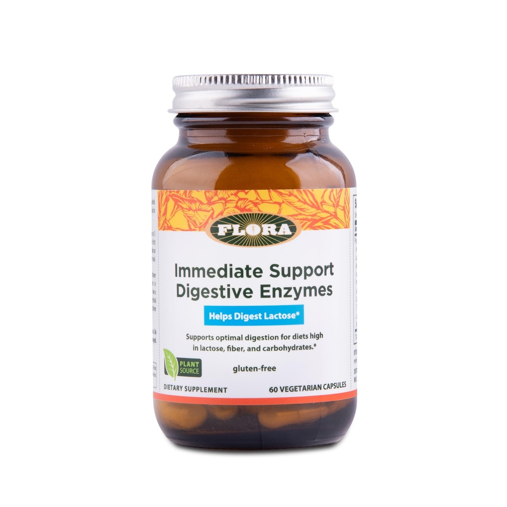 Flora - øyeblikkelig støtte Digestive Enzymer - Støtter Laktose Digestion, Bloating, Heartburn & Gas - Inneholder 7 Enzymer - Glutenfri - 60 Vegetariske kapsler