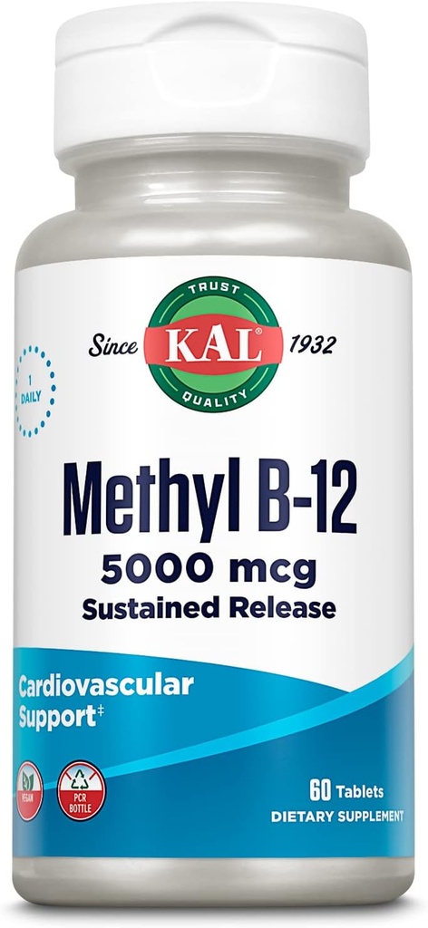 KAL Vitamin B12 Metylkobalamin 5000mcg, sunn energi, metabolisme, Nerve og rød blodcelle støtte, * Faste oppløselige ActivMelts, Optimal absorpsjon, Naturlig bringebær Flavor, 90 Serveringer, 90 Micro Tabs