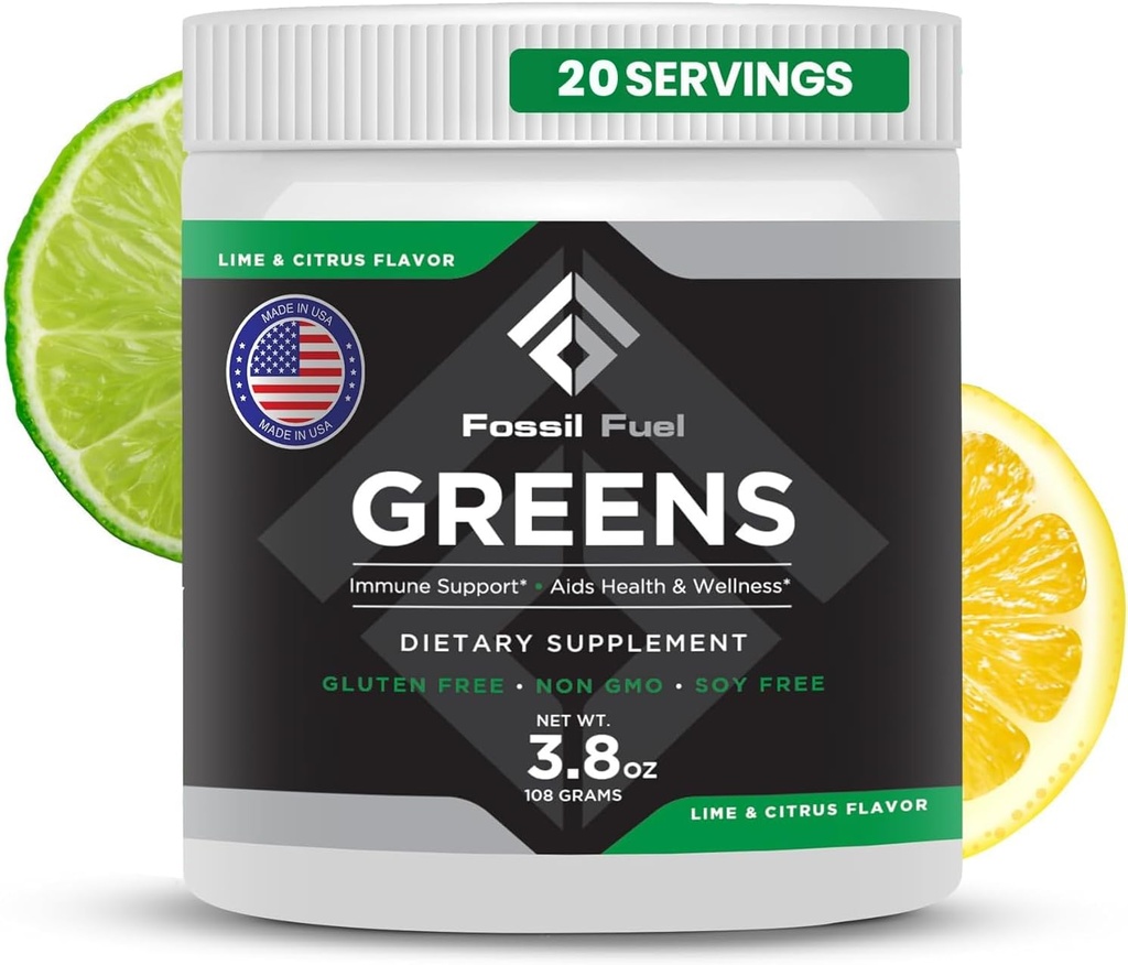 Fossil brensel Super Greens pulver premium Superfood ® 40+ organiske næringsstoffer ® Grønn Veggie Hele matvarer, hvetegrass, Spirulina, Kale for energi, Gut Helse, Detox Cleanse (20 Services)