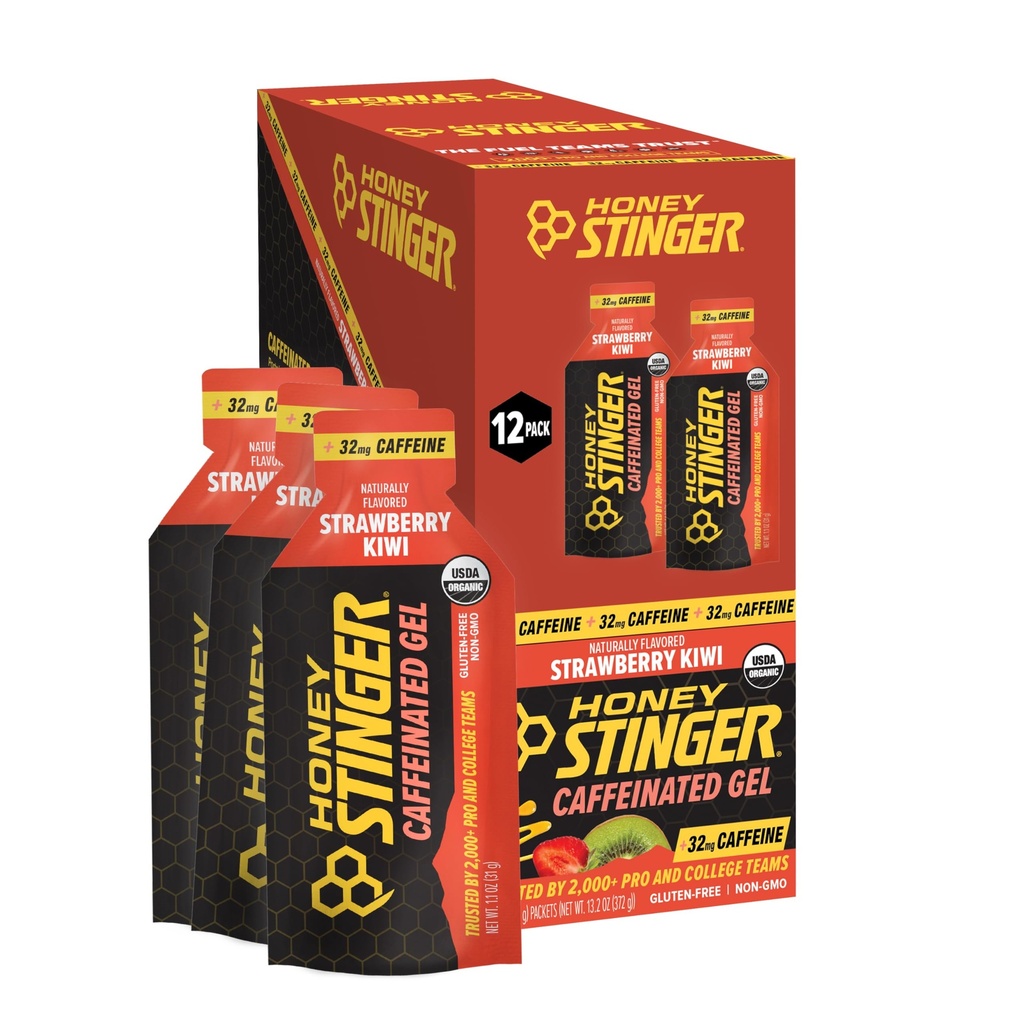 Honning Stinger Organic Strawberry Kiwi Energy Gel, Koffeinert og glutenfri, for øvelse, løping og ytelse, Sportsnæring for hjem og gym, pre og midt trening, 12 pakke, 13,2 Ounce