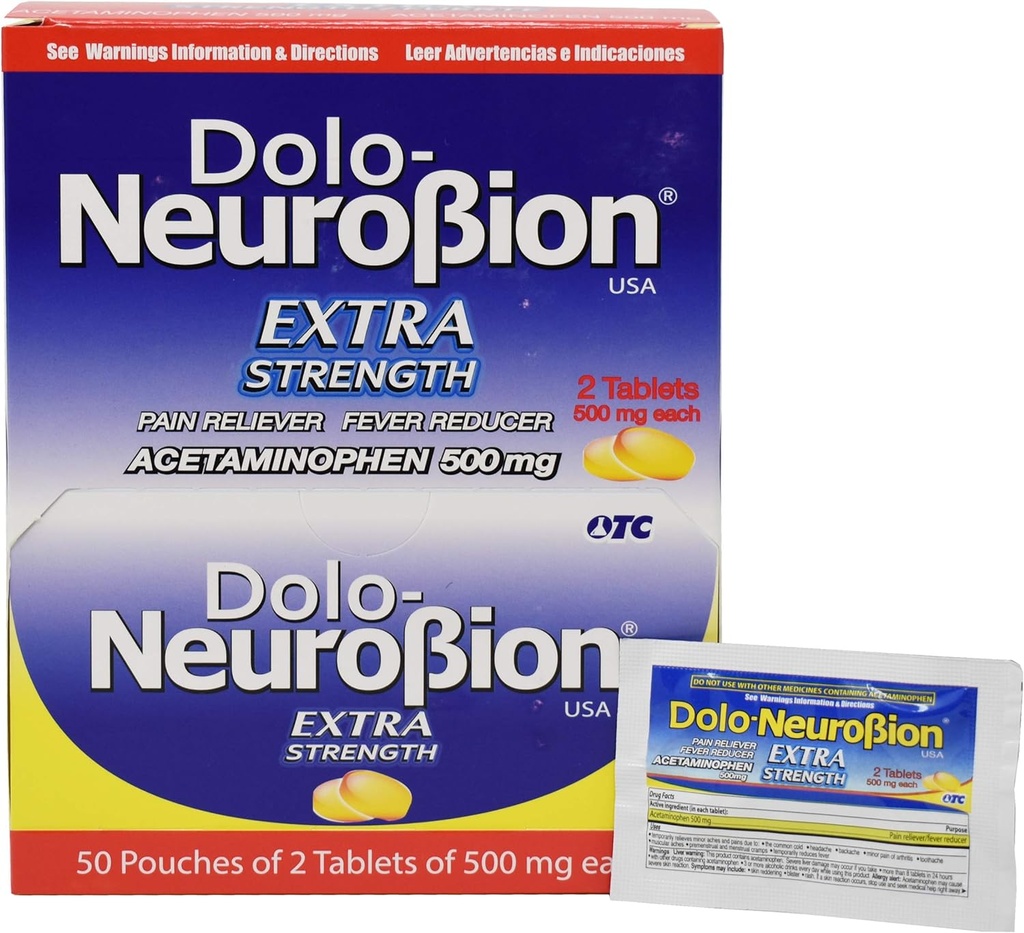 Neurobion Dolo smertefriere, feberreduserende, ekstra styrke, Fuerte, Alivia el Dolor, Reduser la Fiebre dispenser 50 x 2 tabletter