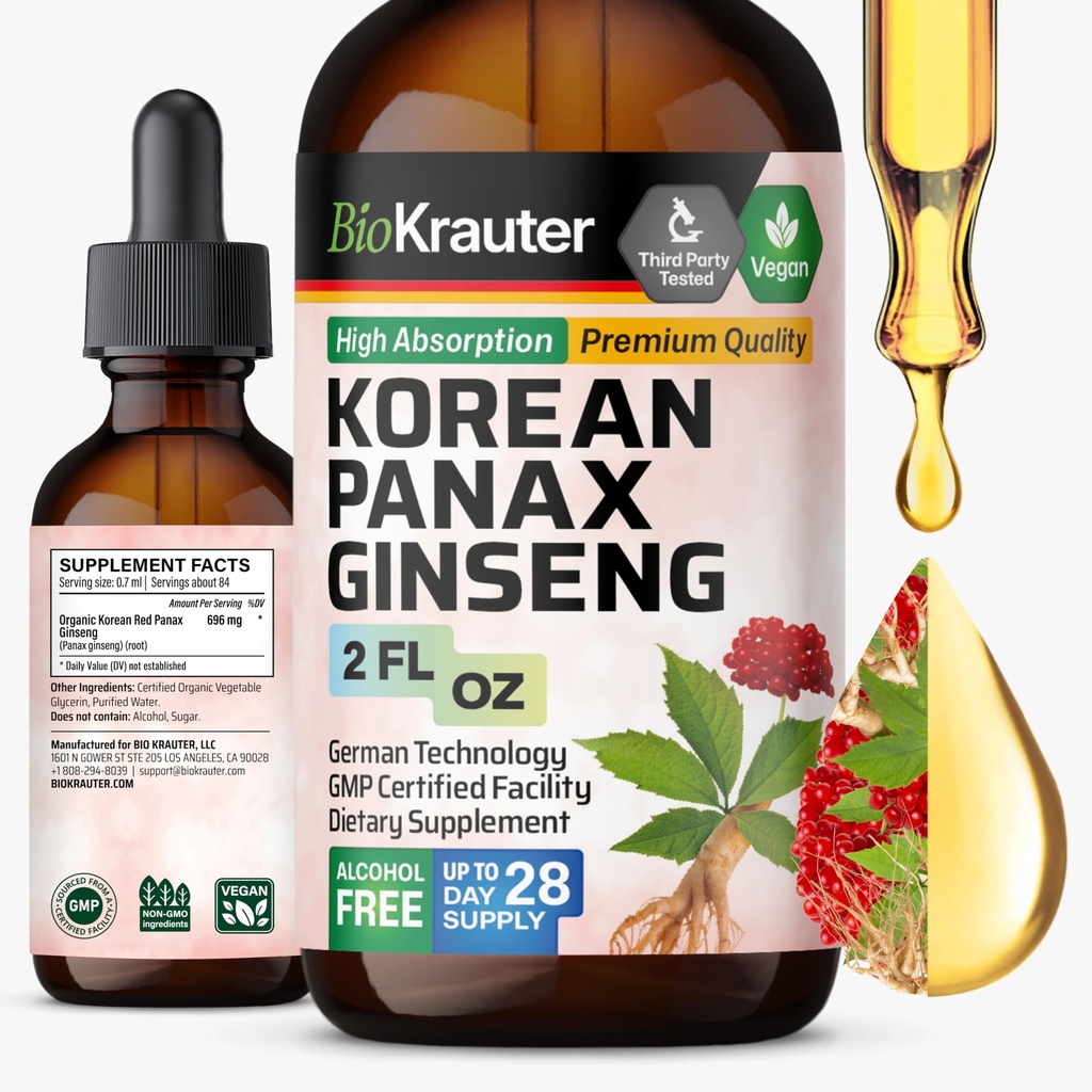 BIO KRAUTER Panax Ginseng Ekstrakt væske - koreansk rød Ginseng Supplement alkohol gratis - Immunstøtte - Vegan, Sukkerfri - 2 Fl.Oz.