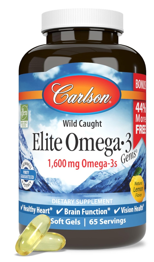 Carlson - Elite Omega-3 Gems, 1600 mg Omega-3 Fatty Acids inkludert EPA og DHA, Norsk, Wild-Caught Fish Oil Supplement, Sustainablely Sourceed Omega 3 Fish Oil Capsules, sitron, 130 Softgels
