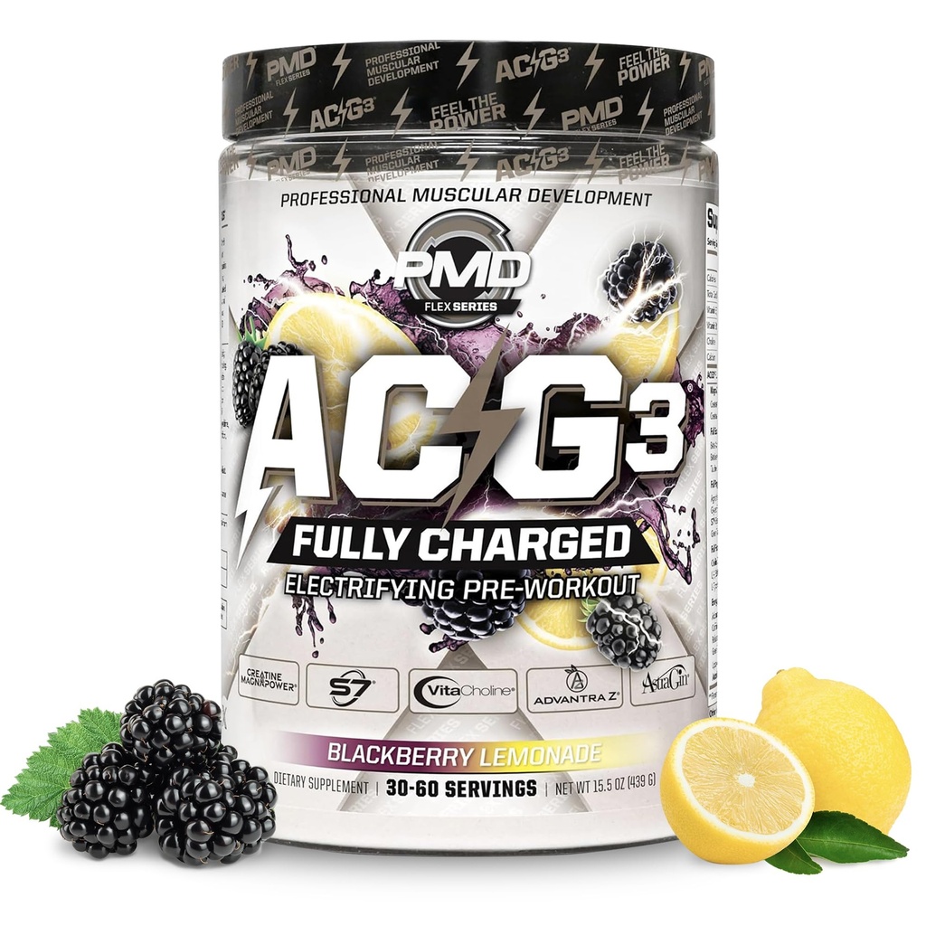PMD Sport ACG3 Fullly Charged - Electrifying Pre Workout pulver - høy energi og pumpe pre trening for menn og kvinner til å maksimere fokus, utholdenhet og ytelse - BlackBerry Lemonade (30-60 Services)