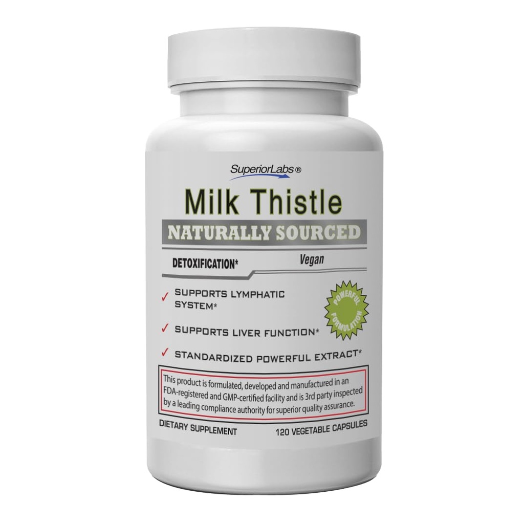 Superior Labs Milk Thistle NonGMO - 80% Silymarin Flavonoids - Kraftig formel for sunn lever, nyre, detox og funksjon, energi - 250 mg 4:1 Ekstrakt Gir 1000 mg, 120 Grønnsaker Caps